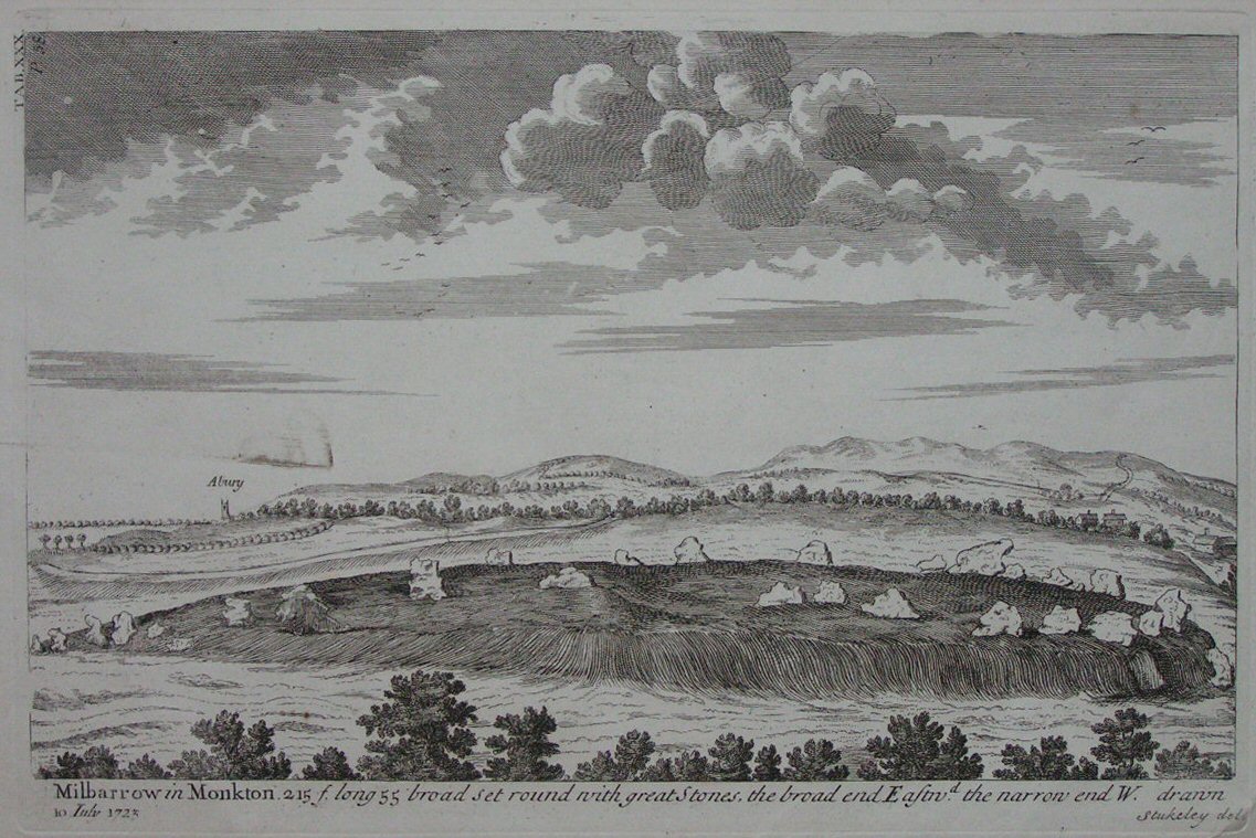 Print - Millbarrow in Monkton 215 f long 55 broad set round with great stones, the broadend Eastrd the narrow end W. drawn 10 July 1723...